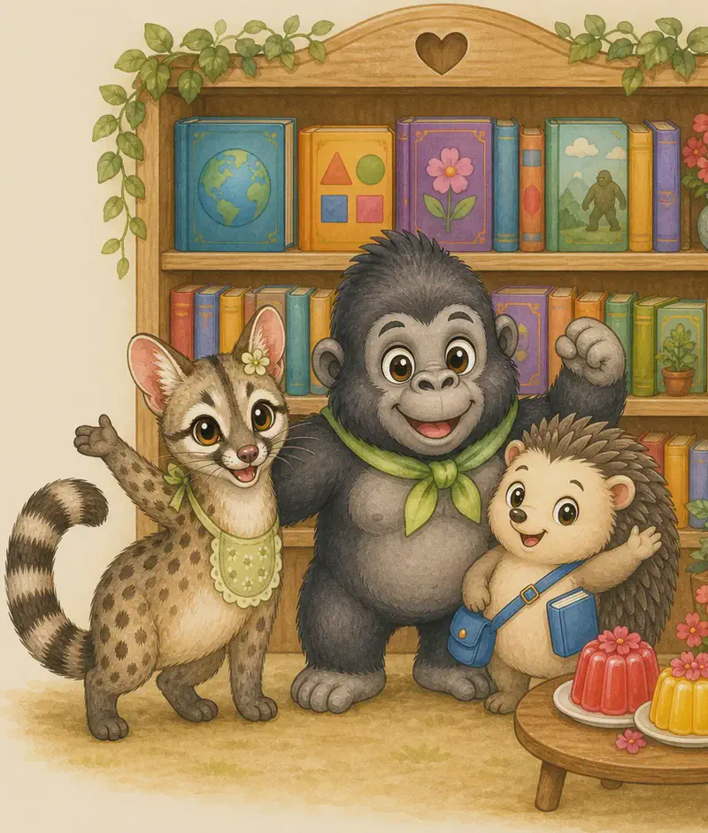 All three friends — Gertrudis, Gabito and Enrique — stand together in a small celebratory pose in front of the brand-new library shelf full of colourful books, big smiles on their faces. One or two of the colourful gelatin desserts might still sit on a small table beside them. Mood: triumphant, warm closing page.