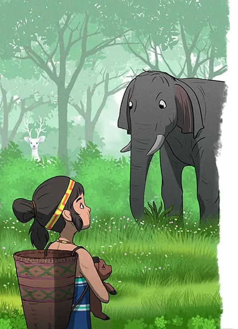 A girl with a basket looks up at a gray elephant in a forest clearing, with the white deer visible in the background.