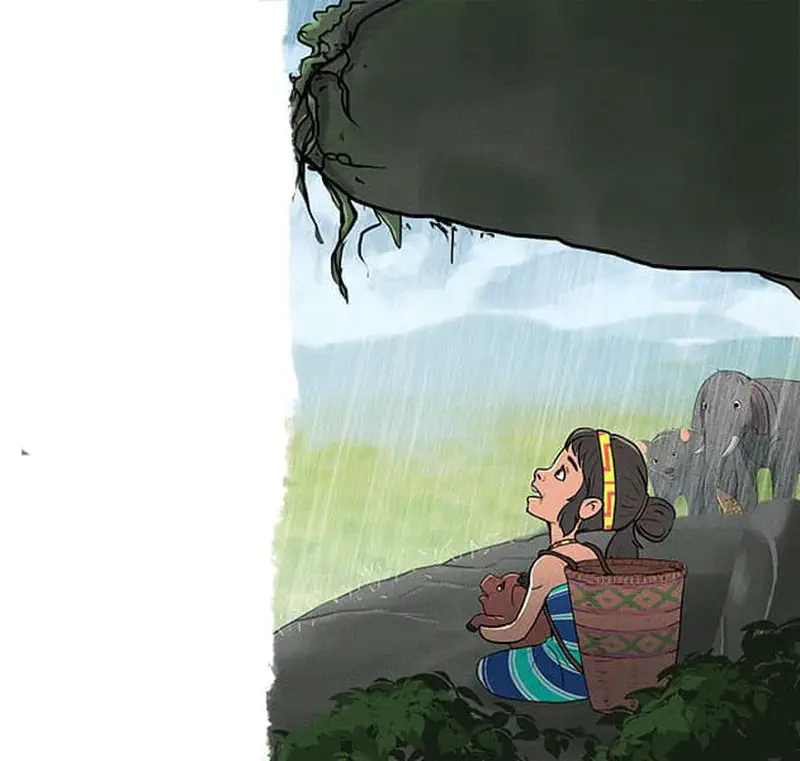 A girl shelters under a large tree during a rainstorm, holding her piglet while elephants stand nearby in the rain.