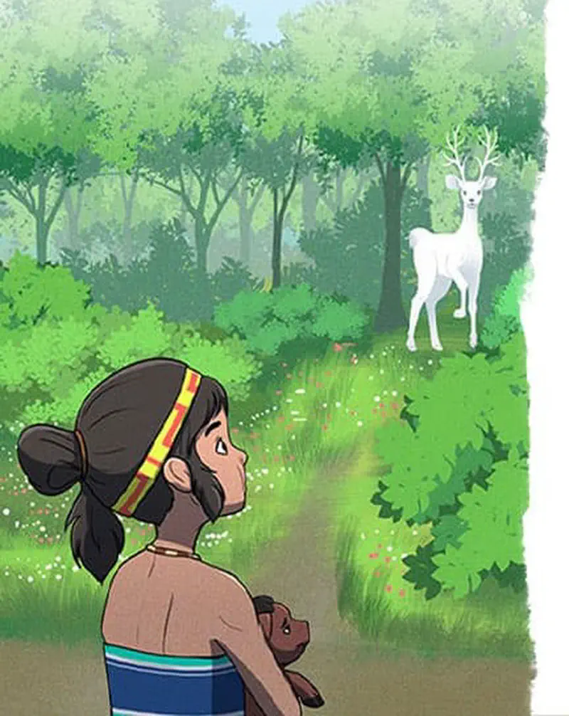 A girl with a headband and her piglet spot a white stag with antlers standing in a forest clearing.