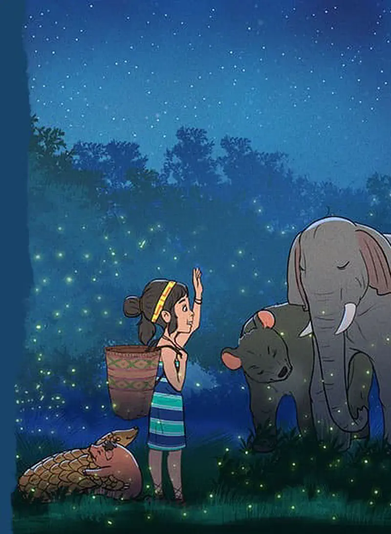 Under a starry sky with fireflies, a girl waves goodbye to her animal friends: a pangolin, bear, and two elephants.