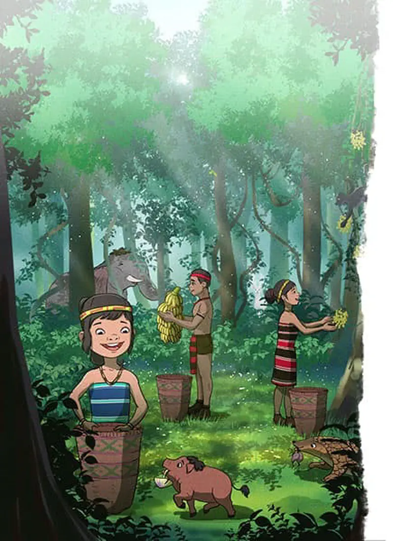 A happy girl stands in a sunlit forest with her piglet, parents, an elephant, and a pangolin gathering fruit.