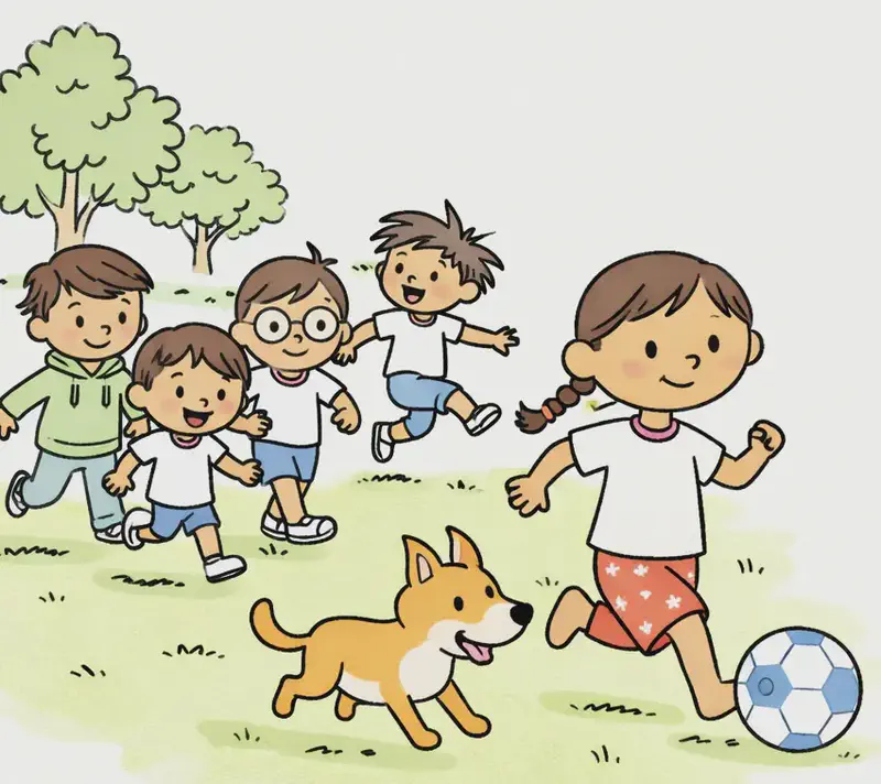 On the left side of the image, Girl with Braids is in the foreground, running determinedly across a grassy field while dribbling a blue and white soccer ball with her foot. She has a focused, confident expression. Behind her on the left, Narrator Boy, Boy with Glasses, High Kicker Boy, and Header Girl are all chasing after her in a group, running with eager expressions. High Kicker Boy has one leg kicked up high mid-stride. The Dog is running alongside Girl with Braids in the lower left, bounding excitedly across the grass. The scene is set outdoors on a sunny day in a suburban park field with oak and maple trees in the background. The right portion of the image fades to a plain watercolor wash background.