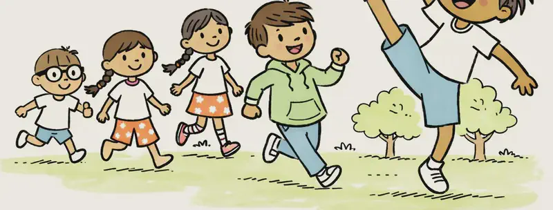 On the right side of the image, High Kicker Boy is prominently posed mid-kick with one leg raised high above his head, smiling confidently as a soccer ball flies upward above the group. Narrator Boy runs energetically to the far right, grinning and chasing after the ball. Girl with Braids runs in the center-right area with a happy expression, while Header Girl stands just behind her, also smiling and watching the action. Boy with Glasses is positioned slightly left of center, running forward with an eager look. The scene is set outdoors on a sunny day on a grassy park field with leafy oak and maple trees under a bright blue sky.