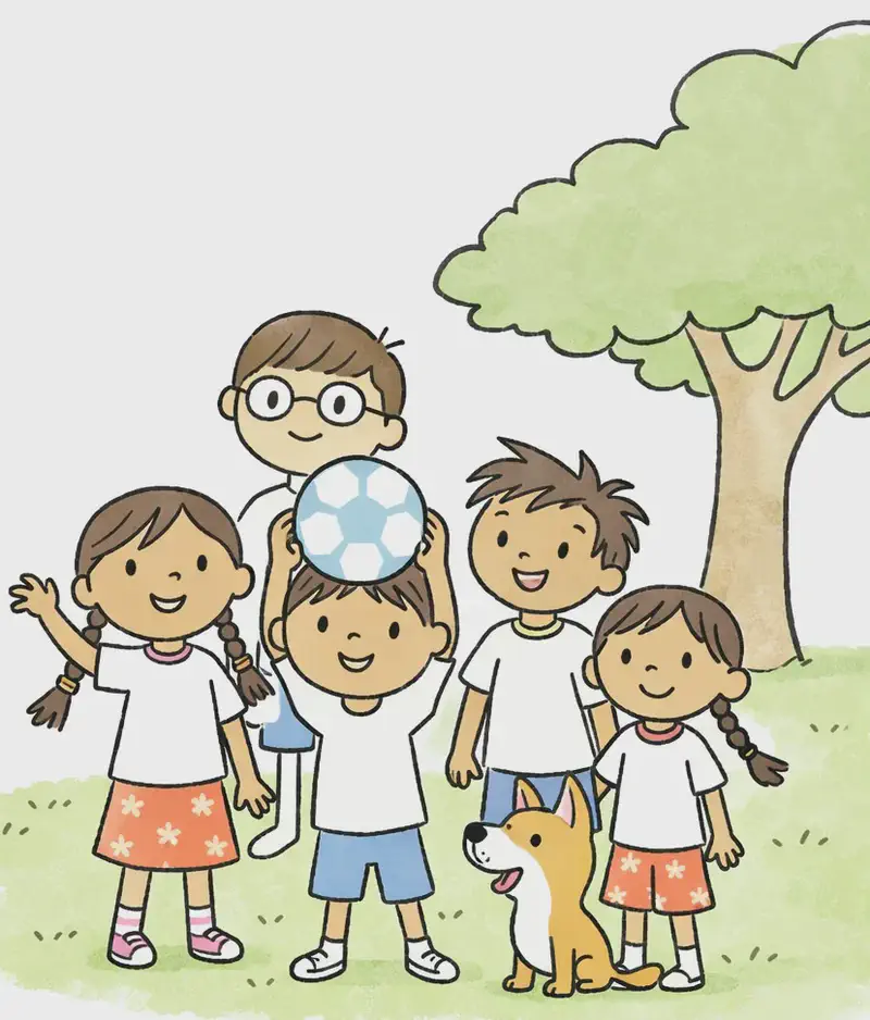 On the right side of the image, the squad stands grouped together on a grassy field under a clear blue sky. Narrator Boy is front and center, smiling proudly and holding a soccer ball above his head with both hands. Boy with Glasses stands behind him at the back, smiling confidently. Girl with Braids stands to the right of Narrator Boy, smiling. Header Girl is on the left side of the group, waving one hand cheerfully. High Kicker Boy stands at the back right, smiling with his hands at his sides. The Dog sits on the ground to the far right, looking up at the group attentively. All characters face forward in a confident team pose. The setting is a suburban park field with a large oak tree and leafy green trees in the background.