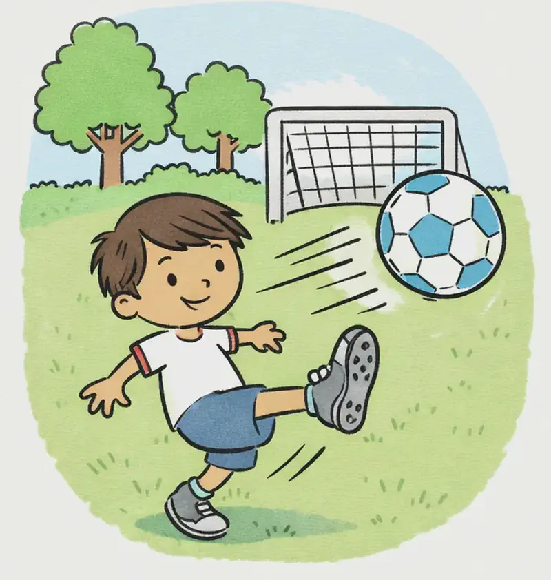 On the left side of the image, Narrator Boy is mid-kick, his right leg swinging forward with the sole of his shoe facing the viewer as he strikes a blue and white soccer ball. He has a confident, determined smile on his face. A soccer goal net is visible behind the ball, and the ball is shown with motion lines indicating a powerful shot sailing toward the net. The scene is set outdoors on a green grassy field with oak and maple trees in the background under a clear blue sky, suggesting a sunny daytime park setting. Note: The current composition is a centered close-up within an oval vignette that spans the full width. For the final illustration, Narrator Boy and the soccer ball action should be repositioned to the left side, with the right ~40% left as plain background for text overlay.