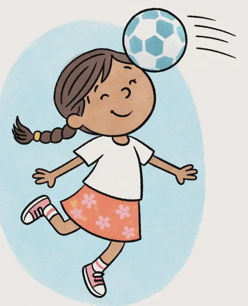 On the left side of the image, Header Girl is mid-jump, leaping into the air with one leg kicked back and her arms slightly out to the sides for balance. She has a confident, proud smile with her eyes closed as she heads a soccer ball with the top of her forehead. The soccer ball is shown with motion lines indicating it has just been struck and flies off fast. The background is a soft blue oval spotlight behind her against a plain white backdrop, with a subtle shadow/reflection beneath her feet.
