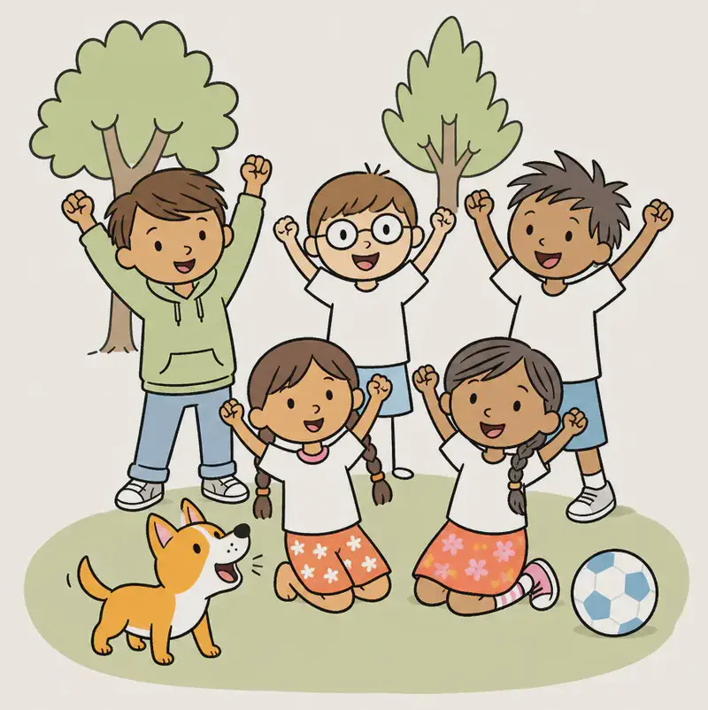 On the left side of the image, all six characters are grouped together on a grassy field in a celebratory pose under a clear blue sky. Narrator Boy, Boy with Glasses, and High Kicker Boy stand at the back with their arms raised triumphantly in the air, grinning widely. In front of them, Girl with Braids and Header Girl kneel or crouch, also with arms up and beaming smiles. A soccer ball rests on the ground beside the group. The Dog sits at the front-left of the group, head tossed back, mouth open and barking joyfully. Oak and maple trees are visible behind the group in a suburban park setting. The right ~40% of the image is plain white background.  The Dog should be on all fours.