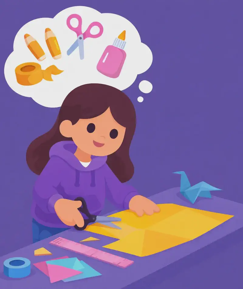 On the left side of the image, Girl sits at a table or work surface, leaning forward with a happy, focused smile as she works on cutting out paper shapes for her kite. She holds scissors in one hand while pressing down on a large sheet of paper with the other. The table is covered with craft supplies including a ruler, tape, coloured paper, and an origami figure. Above her head is a thought bubble filled with crafting tools — scissors, tape, pencils, and a bottle of glue — showing her planning out what she needs. The scene is set indoors against a plain purple-blue background, with the right side of the image left clear.