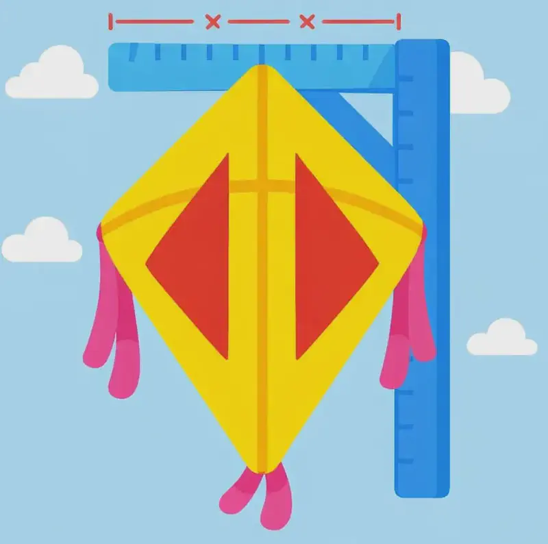 On the right side of the image, a large yellow diamond-shaped kite with a red diamond pattern and pink ribbon tails is displayed against a light blue sky with small white clouds. A blue L-shaped ruler (square ruler) is positioned along the top and right edge of the kite, with red measurement markings along the top showing equal distances, emphasizing the symmetry and precise dimensions needed to build the kite. The left side of the image is open sky with a few scattered clouds.