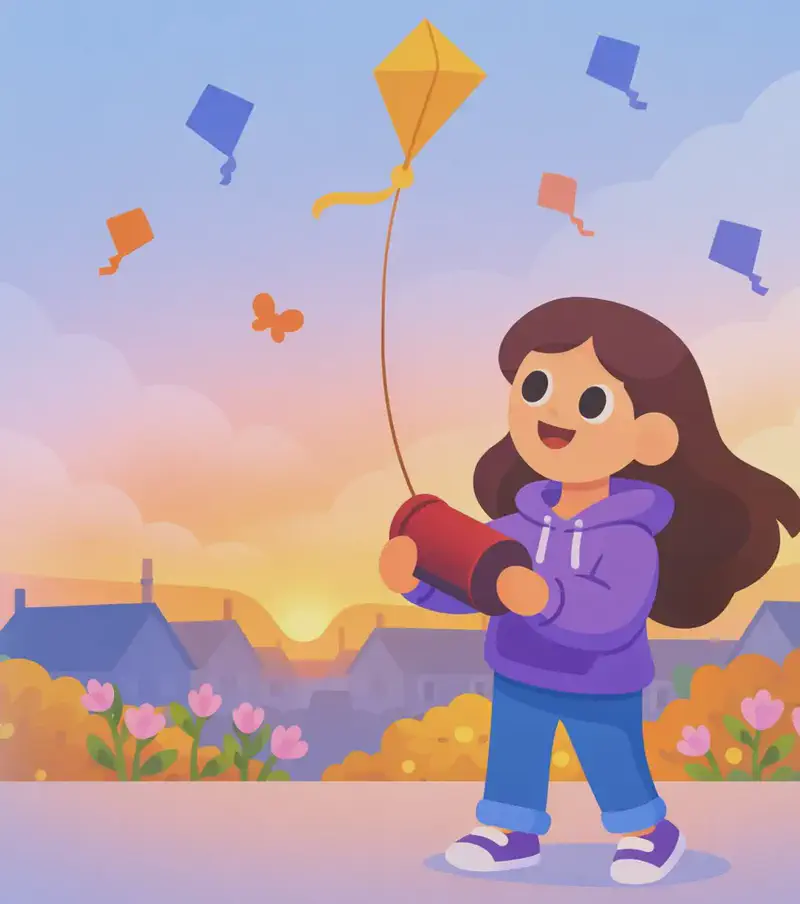 On the right side of the image, Girl stands at a three-quarter angle facing slightly left and toward the viewer, looking up at the sky with an excited, determined expression. She holds a kite spool out in front of her, flying her kite upward. The scene is set outdoors in the late afternoon with a warm sunset glowing along the horizon behind a suburban roofline silhouette. Several other kites of various shapes dot the sky above, with Girl's yellow diamond kite climbing past them. Pink flowers and warm-toned bushes line the middle ground in front of the houses. An orange butterfly flutters in the sky near the center of the image.