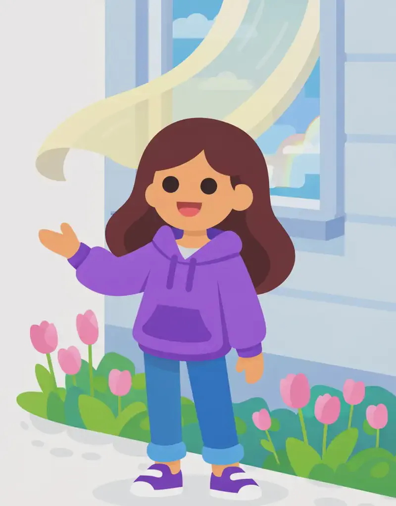 On the right side of the image, Girl stands outside near a window of a suburban house, smiling happily with one hand extended outward as if feeling the breeze or gesturing at the clearing weather. She is surrounded by pink tulips in a flower bed along the side of the house. A sheer curtain billows out from the open window above her, caught by the wind, and the sky beyond shows brightening conditions after recent rain. Girl is positioned compactly on the right with open space on the left for text overlay.