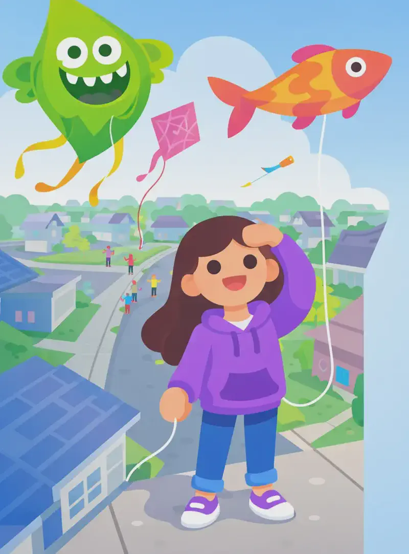 On the left side of the image, Girl stands on a suburban American street, smiling and looking up at the sky with one hand raised to shield her eyes, holding a kite string in her other hand. The scene is viewed from a high angle looking down, showing neighborhood rooftops and sidewalks. Several colorful kites fill the upper-left sky — a large green monster kite with big teeth and a darting fish-shaped kite are prominent — while small figures of other children can be seen flying kites in the background along the street. The right ~40% of the image is open bright sky for text overlay.