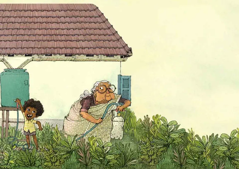 A grandmother in a sari waters plants with a hose while a young boy turns on the water tank beside a house with a tiled roof.