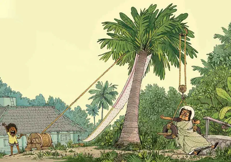 A boy operates a pulley wheel while grandmother rides up a coconut palm tree on a homemade lift with a fabric slide attached.