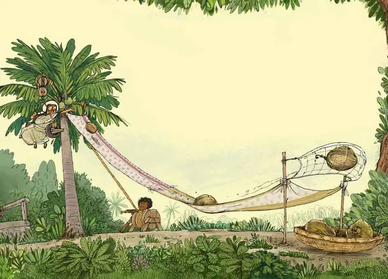 Grandmother sits high in a palm tree sending coconuts down a fabric slide while a boy watches them land in a net below.