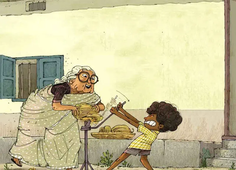 Grandmother removes a coconut husk on a stand while the boy pulls hard, with husked coconuts in a basket nearby.