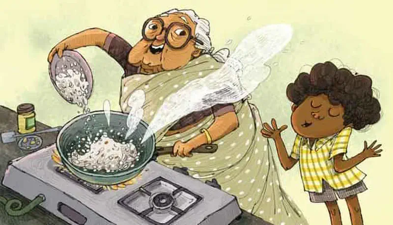 Grandmother in a sari pours grated coconut into a pan on the stove while the boy yawns and stretches with eyes closed beside her.