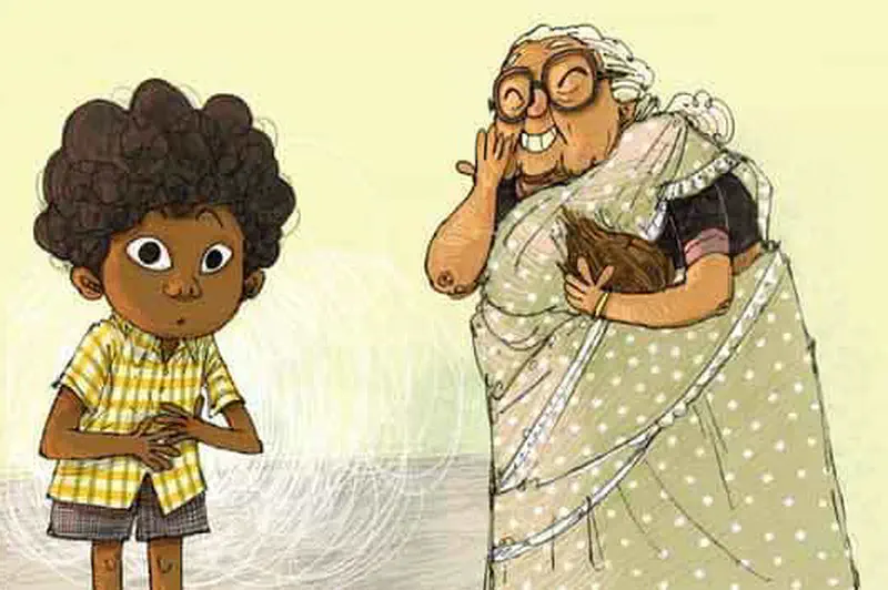 A tired boy holds his stomach while grandmother laughs and holds coconut husks, catching him trying to sneak away.