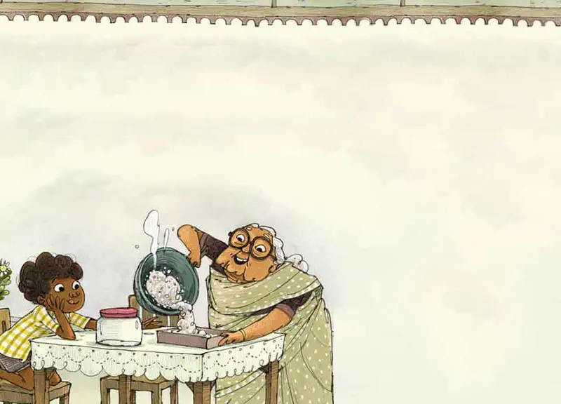 Grandmother pours coconut mixture into a baking tin while the boy watches eagerly at the table with jars nearby.