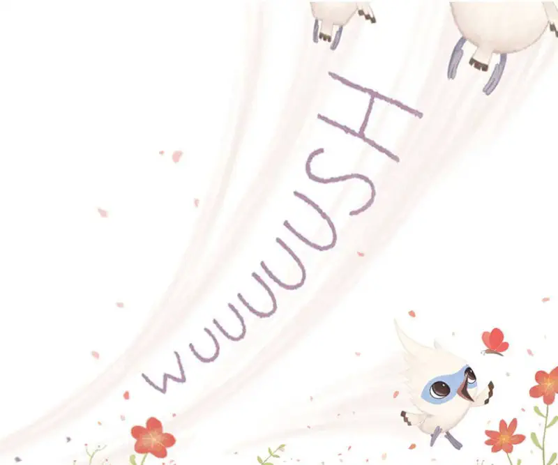 Tim watches from below among red flowers as his flock flies away with a whoosh sound effect and motion lines.