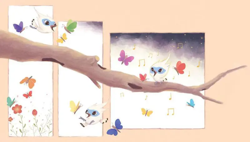 A four-panel comic shows Tim chasing colorful butterflies through flowers by day, then singing happily on a branch at night with music notes.