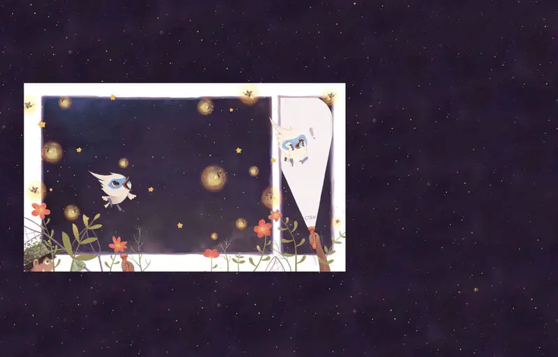 Tim watches glowing fireflies at night while a hunter shines a flashlight beam that catches him by surprise.