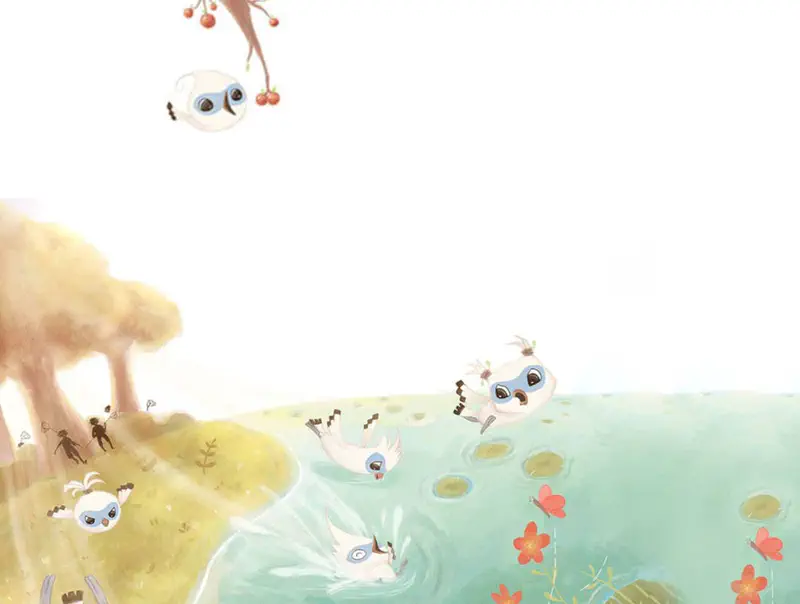 Tim pecks at berries in a tree while his flock plays in a pond below, with hunters holding nets visible in the distant background.