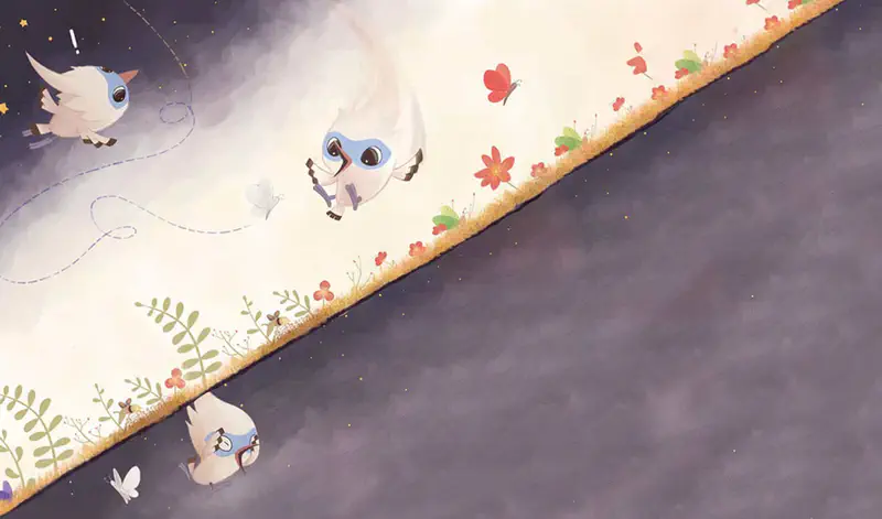 Tim flies diagonally across the scene from day to night, passing butterflies and flowers while another bird watches with surprise.