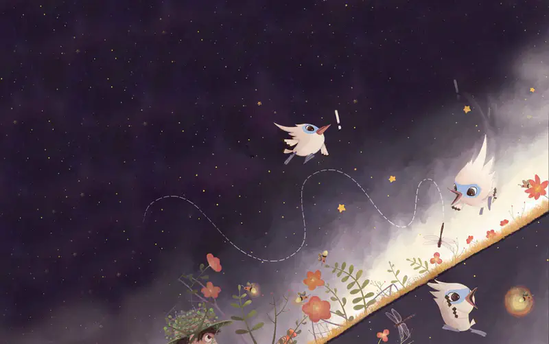 Tim flies through the starry night sky over a flower field with fireflies, spotting insects while his flock watches from below.