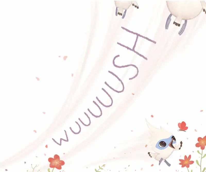 Tim stops among red flowers to watch a butterfly while his flock flies away above with a whoosh sound effect and motion lines.