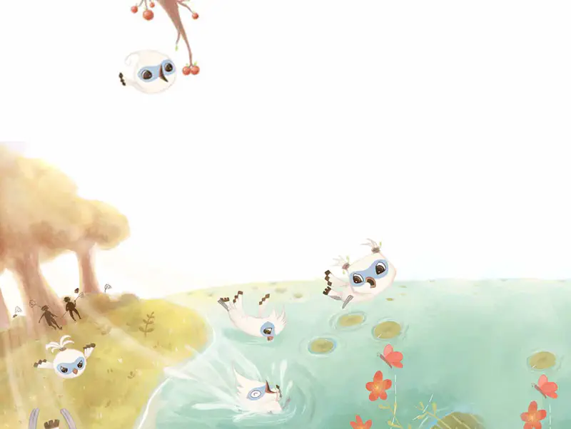 Tim eats berries in a tree while his flock swims and plays in a pond below, with hunters holding nets visible near a distant tree.