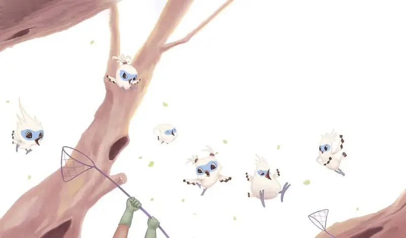 White birds with blue face markings fly away from tree branches as hands with nets try to catch them from below.