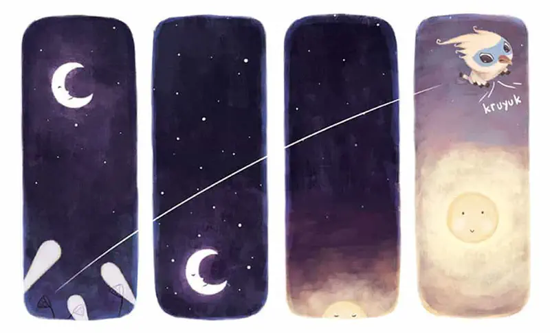 Four panels show Tim flying through the night past the crescent moon, with the final panel showing sunrise and Tim making tired kruyuk sounds.