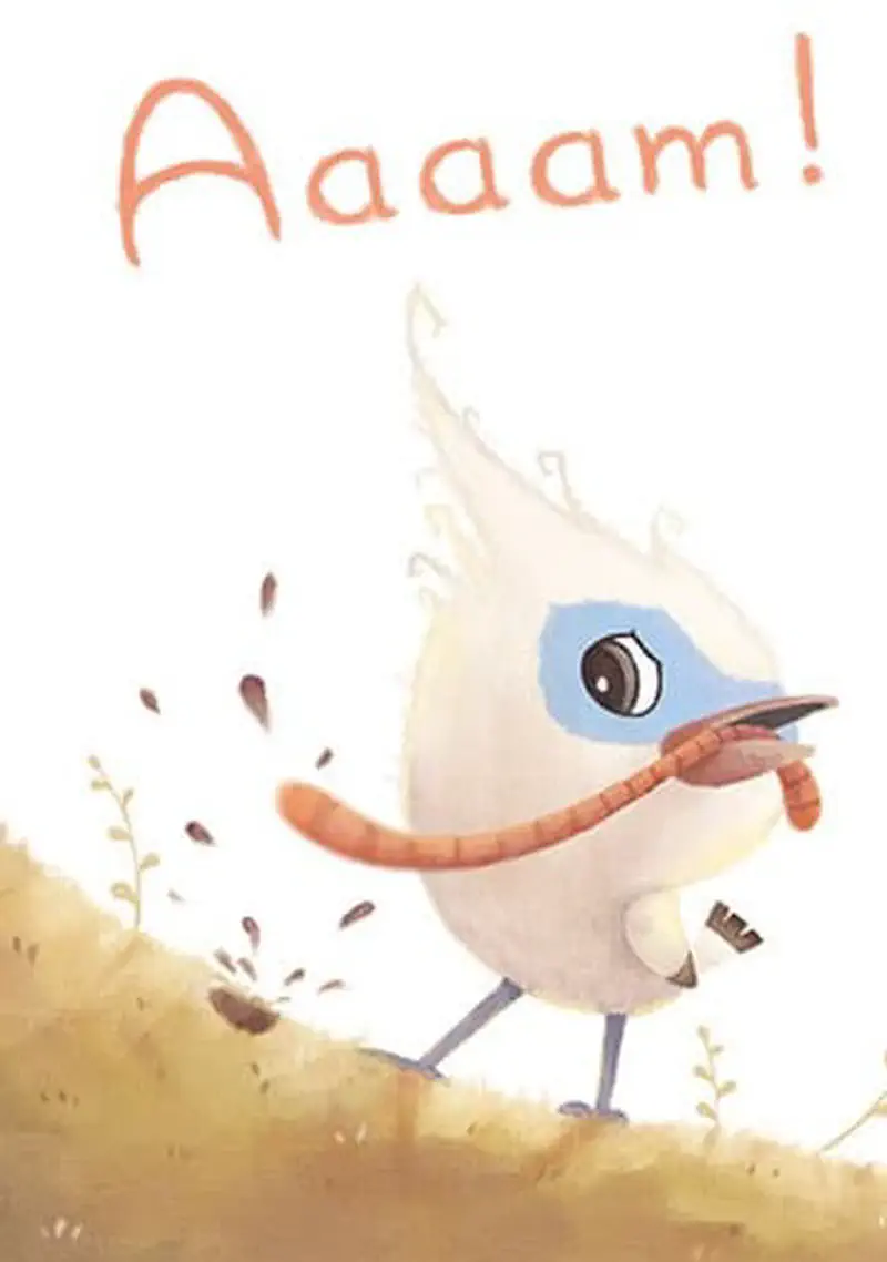 Tim stands on a grassy hill eating an earthworm with an enthusiastic expression and sound effect text above.