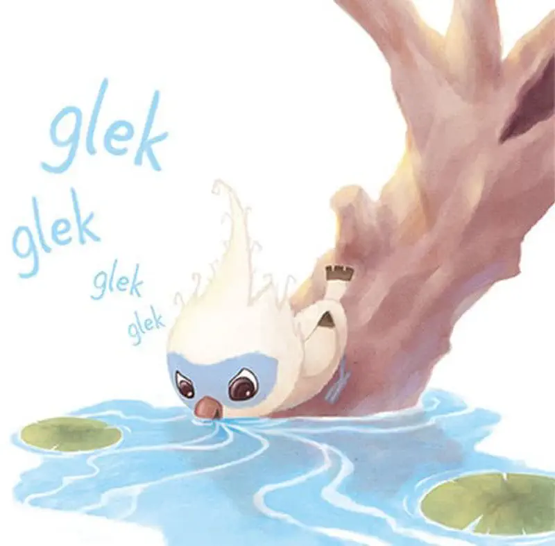 Tim drinks water from a pond beside a tree, making gulping sounds shown as text, with lily pads floating nearby.