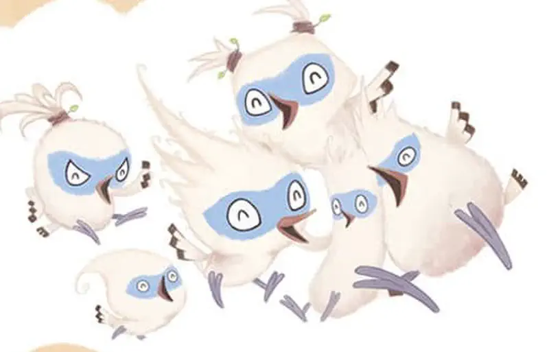 Tim happily reunites with his flock of white birds with blue markings, all flying together in a group.
