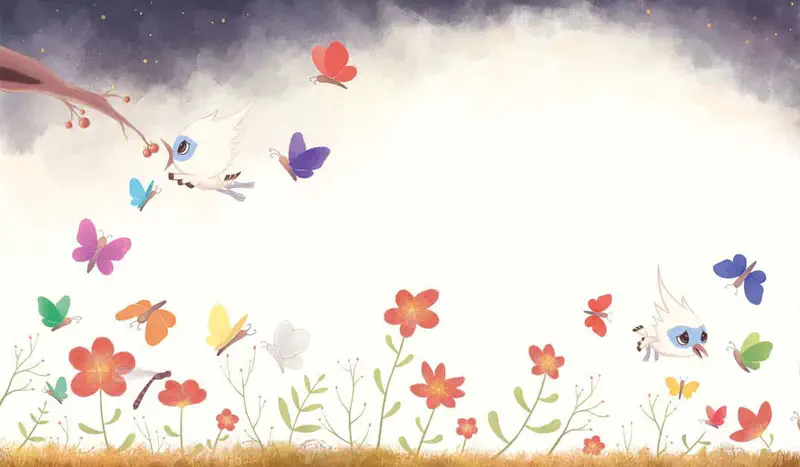 Tim flies alone over a field of red flowers and butterflies under a dark cloudy sky while another bird watches from below.