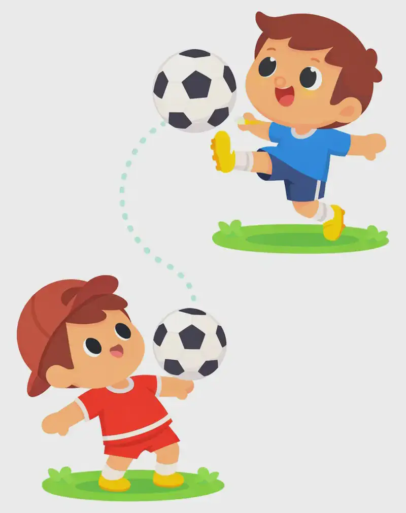On the right side of the image, Fafa is shown in the upper-right kicking a soccer ball with one leg extended, mouth open with an excited expression, wearing a blue short-sleeved soccer jersey, blue shorts, white socks, and yellow cleats. Below and slightly left of center, Jojo stands facing upward at a three-quarter angle with a focused expression, chest puffed out as the soccer ball arrives at his chest, arms slightly back to receive it, wearing a red short-sleeve shirt, red shorts with white horizontal stripes, a dark reddish-brown baseball cap worn backwards, white socks, and yellow shoes. A dotted arc traces the ball's path from Fafa's kick down to Jojo. Both characters are shown in individual vignettes set on a grassy outdoor field, with the left side of the image left as plain white background.