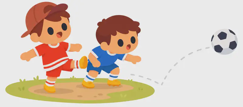 In the lower-left of the image, Jojo and Fafa stand together on a patch of grass and dirt. Jojo has just kicked the soccer ball, which is flying away to the right along a dashed trajectory arc. Jojo stands with a surprised, open-mouthed expression, looking in the direction the ball is traveling, wearing a red short-sleeve shirt, red shorts with white horizontal stripes, a dark reddish-brown baseball cap worn backwards, white socks, and yellow shoes. Fafa is crouched slightly beside Jojo, leaning forward with an arm extended, watching the ball with a startled expression, wearing a blue short-sleeved soccer jersey, blue shorts, white socks, and yellow cleats. The top half of the image is plain white background.  Fafa has a blue shirt and blue shorts, not red.  There should be no image on the top half of the page.