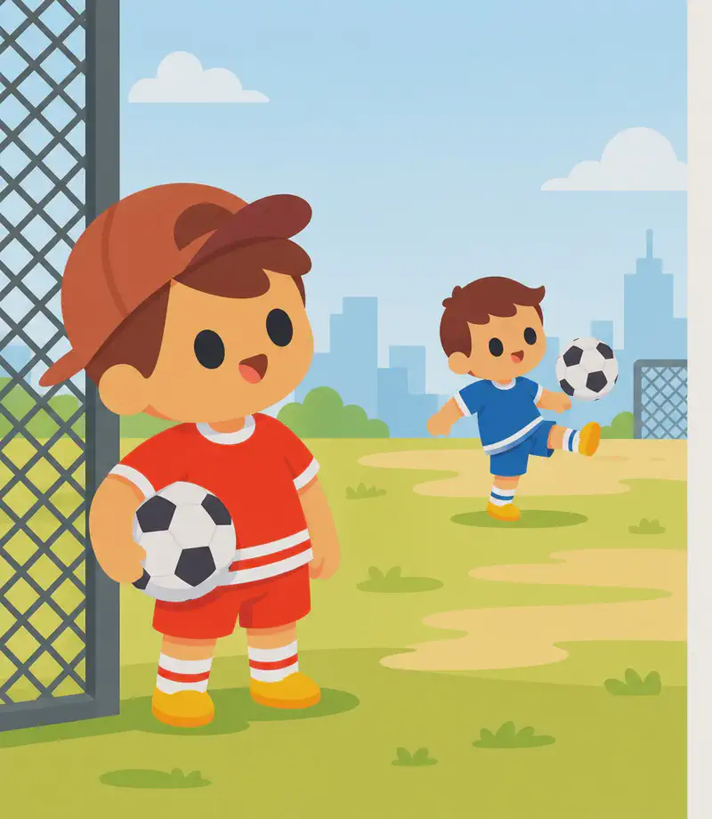 On the left side of the image, Jojo stands in the foreground facing the viewer at a three-quarter angle, holding a soccer ball under one arm and looking through a chain-link fence toward the field. He wears a red short-sleeve shirt, red shorts with white horizontal stripes, a dark reddish-brown baseball cap worn backwards, white socks, and yellow shoes. In the middle-left, Fafa is on the field kicking a soccer ball in mid-air, with a focused expression, wearing a blue short-sleeved soccer jersey, blue shorts, white socks, and yellow cleats. The scene is set outdoors on a sunny day at a suburban soccer field with patchy grass, a chain-link fence, and a city skyline faintly visible in the background. The right ~40% is plain sky/white background.  Fafa is wearing a blue jersey and blue shorts, not red.