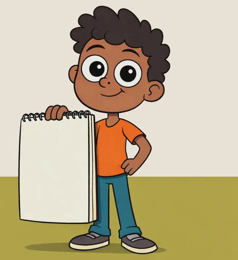 On the right side of the image, Paul stands holding a large art book or sketchpad upright in front of him, gripping it with one hand. He has dark brown skin, short curly black hair, and large round eyes with prominent white sclera and black pupils. He wears a bright orange short-sleeved t-shirt, teal-blue jeans, and gray sneakers with white soles. He has a content, gentle smile and looks directly at the viewer with wide, eager eyes. The scene is set indoors against a simple background with a warm cream-colored wall and an olive-green floor, leaving the left side clear and open.