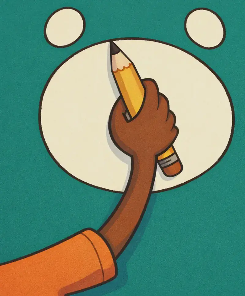 On the left side of the image, Paul's dark brown-skinned hand and arm reach up from the bottom-left corner, the edge of his bright orange t-shirt sleeve visible, gripping a yellow pencil. He is in the process of drawing three shapes on a teal-green background — a large circle with two smaller circles above it, forming an ambiguous figure that could become many things. The composition is a close-up of the drawing action, with the plain teal background open on the right side.