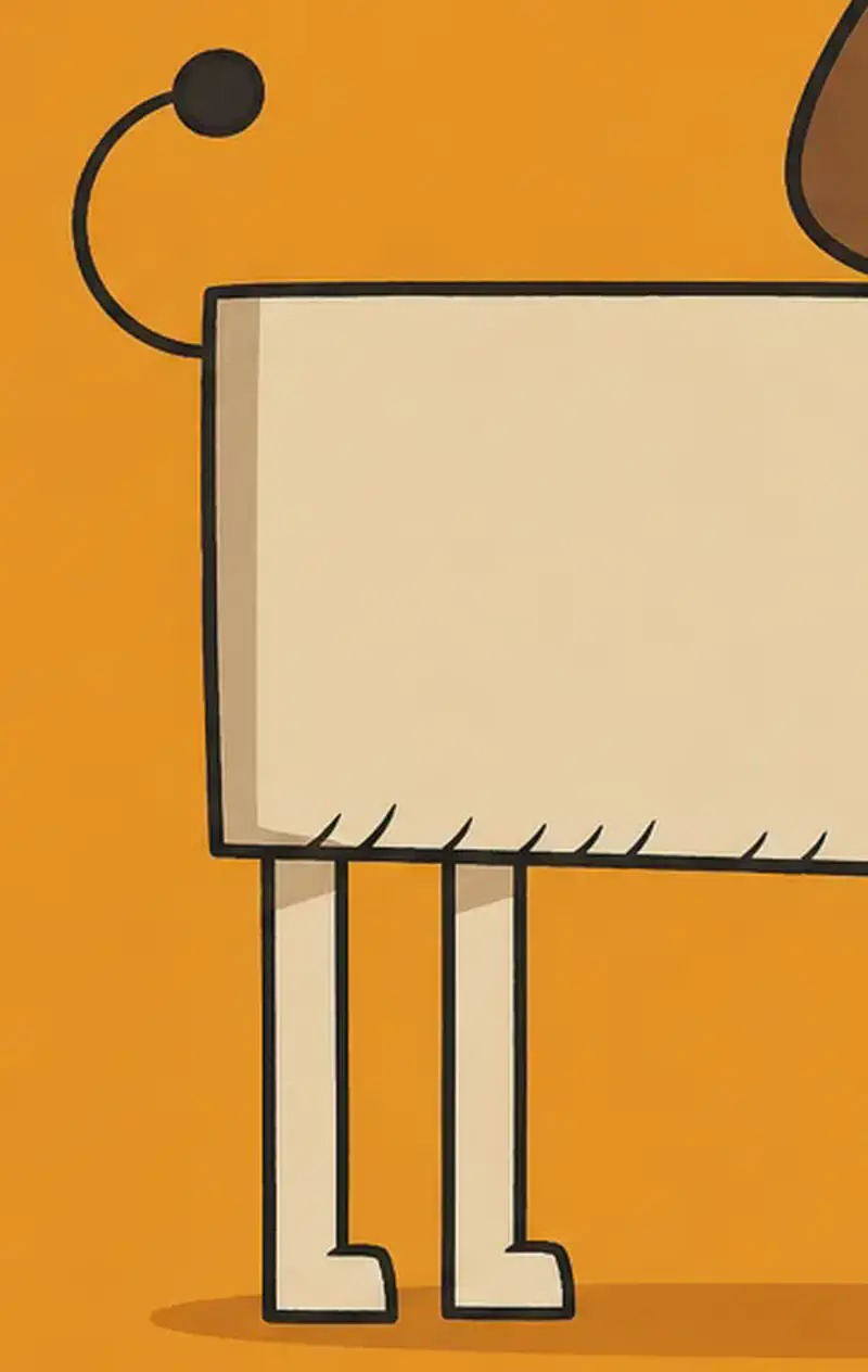 On the right side of the image, a child's hand-drawn sketch of a cute dog stands facing the right of the page, rendered in a simple, charming style with a boxy rectangular body, stick-like legs, a curly tail, round floppy ears, wide happy eyes, a big black nose, and a smiling mouth. Short ink lines along its belly and muzzle suggest soft fur. The drawing sits against a bright orange background, with the left side of the image left as plain open space.