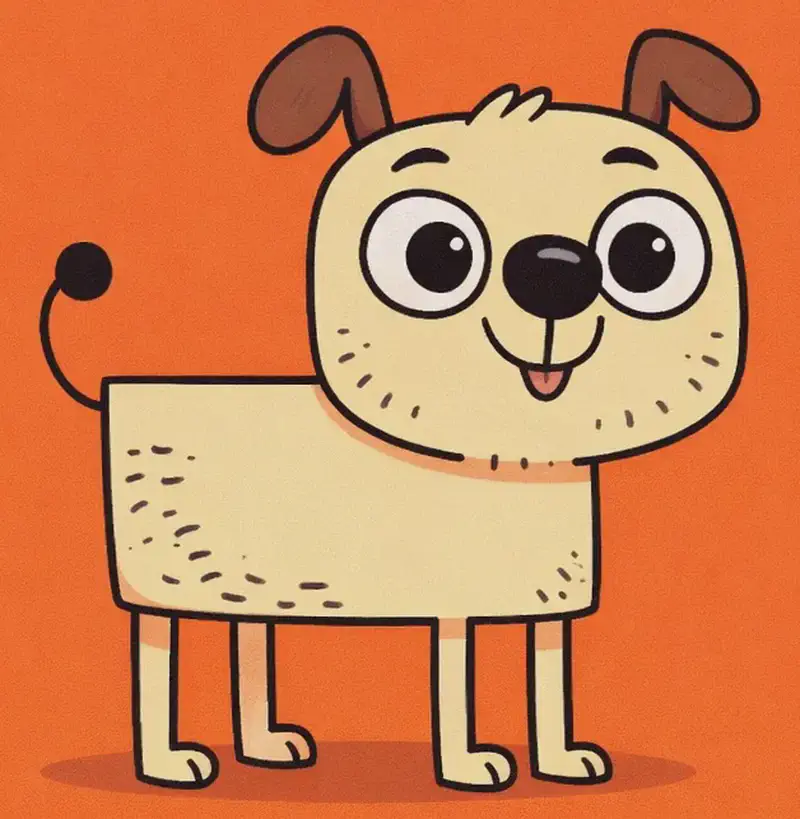 On the left-center of the image, a child's hand-drawn sketch of a cute dog stands facing the viewer, rendered in a simple, charming style with a boxy rectangular body, stick-like legs, a curly tail, round floppy ears, wide happy eyes, a big black nose, and a smiling mouth. Short ink lines along its belly and muzzle suggest soft fur. The drawing sits against a bright orange background, with the right side of the image left as plain open space.