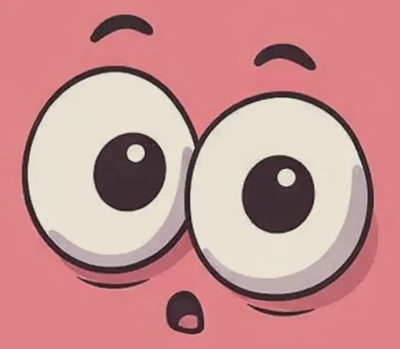 On a plain pink background, two large cartoon eyes with black outlines and dark pupils are positioned on the right-center of the image, staring outward with a wide, curious expression — as if they are the beginning of a drawing that Paul has just started sketching. The eyes look slightly surprised or bewildered, matching the page text's question about what has been drawn. The left side of the image is empty pink background.