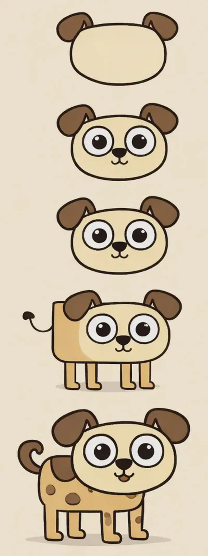 On the right side of the image, a step-by-step drawing tutorial shows how to draw a simple cartoon dog using basic shapes. The five sequential steps progress from a plain oval at the top, gradually adding ears, eyes, a nose, a rectangular body with a curly tail, and finally four legs with spotted markings — resulting in a cheerful, smiling dog standing and facing the viewer at the bottom. The left side of the image is plain warm beige background, left open for text. The style is simple black line art on a soft cream background, inviting children to follow along and draw their own.