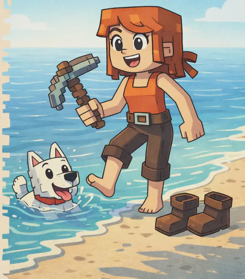 On the right side of the image, Jill stands at the water's edge on a sandy beach on a bright, sunny afternoon. She is a blocky, Minecraft-style character with a square head, shoulder-length auburn/copper-orange hair with a side-swept fringe, large round dark eyes, light/fair skin, and a laughing open-mouthed expression. She wears a bright orange sleeveless top with a brown belt at the waist and dark brown pants, and is kicking off her brown boots at the shoreline, one foot bare. She holds a grey-and-brown pickaxe in her right hand. In the shallow water nearby, Minx — a blocky, Minecraft-style white dog with large pointed ears with pink inner ear details, round black eyes, a black nose, a pink tongue, and a red collar — splashes about with just her head poking above the surface. A calm ocean stretches to the horizon. Long afternoon shadows stretch across the sand. The left ~40% of the image is a plain beige panel reserved for text.