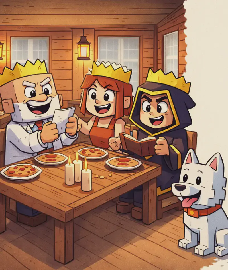 On the left side of the image, several Minecraft-style blocky characters are seated around a long wooden dining table inside a cosy log cabin. At the head of the table, Dr. Can Do faces the viewer, holding an unfolded Christmas cracker joke slip and reading it aloud with a laughing expression. He is a blocky character with a cube-shaped head, light beige skin, white bushy eyebrows, a thick white mustache, and small dark eyes. He wears a white lab coat over a white dress shirt with a red necktie, dark navy-blue pants, and a gold paper crown from a Christmas cracker on his head. Beside him, Jill faces the viewer with a laughing open-mouthed expression, having just blurted out the punchline. She has a square head, shoulder-length auburn/copper-orange hair with a side-swept fringe, large round dark eyes, and light/fair skin. She wears a bright orange sleeveless top with a brown belt and dark brown pants, with a gold paper crown on her head. Across the table, The Mage sits in his dark charcoal-black hooded robe with gold/yellow trim and a gold diamond-shaped emblem on the chest, also wearing a gold paper crown, laughing along. Minx, a small blocky white dog with a red collar, sits on the floor near the table. All characters sit before plates of food, with white candles lit on the table. The warm indoor scene is lit by glowing lanterns mounted on the wooden walls, with windows visible in the background. The right ~40% of the image is a plain beige/cream area reserved for text overlay.