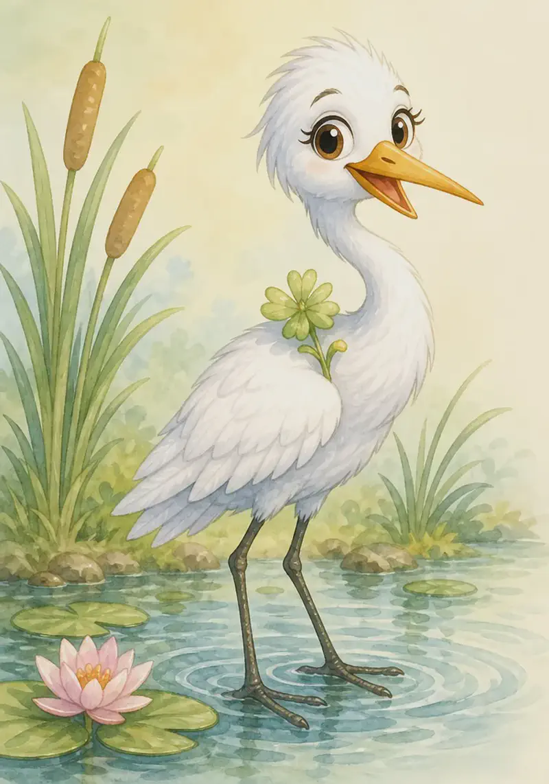 Introduce Gabriela. Show her standing in a shallow swamp or pond edge so her long legs are clearly visible, with her S-shaped neck curved and her pointy beak prominent. Gentle ripples in the water suggest she is near a swamp/stream/pond. Mood: calm, graceful introduction.